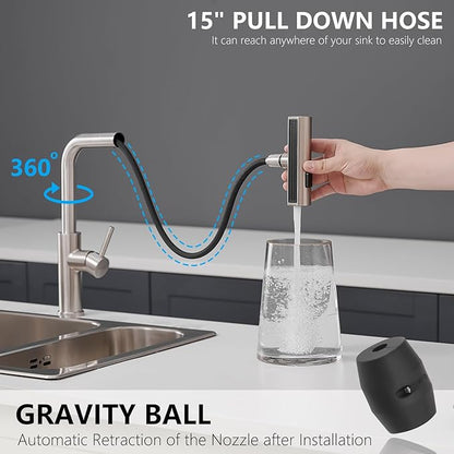 AIMADI Waterfall Kitchen Faucet with Pull Down Sprayer, Modern Single Handle Single Hole Stainless Steel Kitchen Sink Faucets 3 Modes(Sweep/Stream/Waterfall),Brushed Nickel