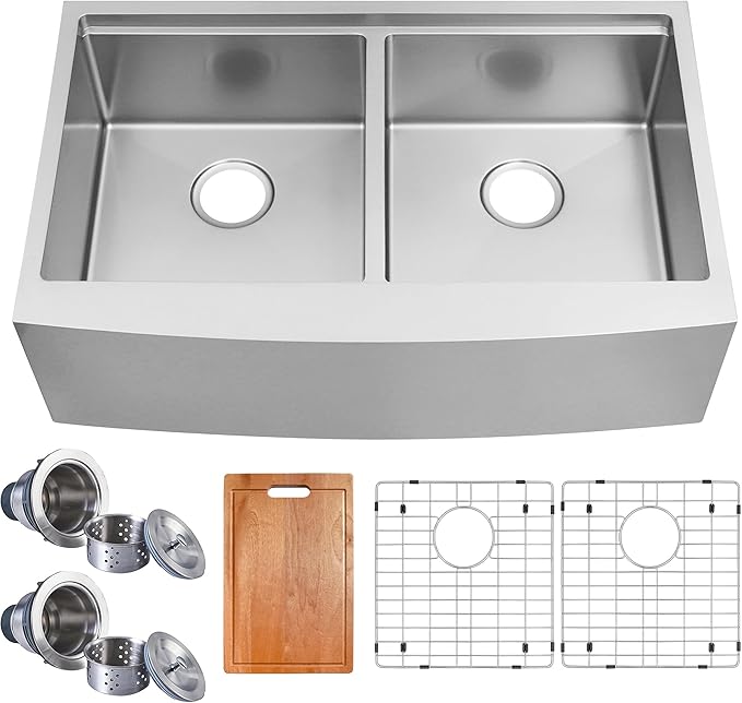 33 Inch Double Farmhouse kitchen Sink,16-Gauge SUS304 Stainless Steel Farm Sinks, 50/50 Apron Front Features Workstaion Sink With Accessories,33''×20''×10" Large and Deep Double Kitchen Sinks