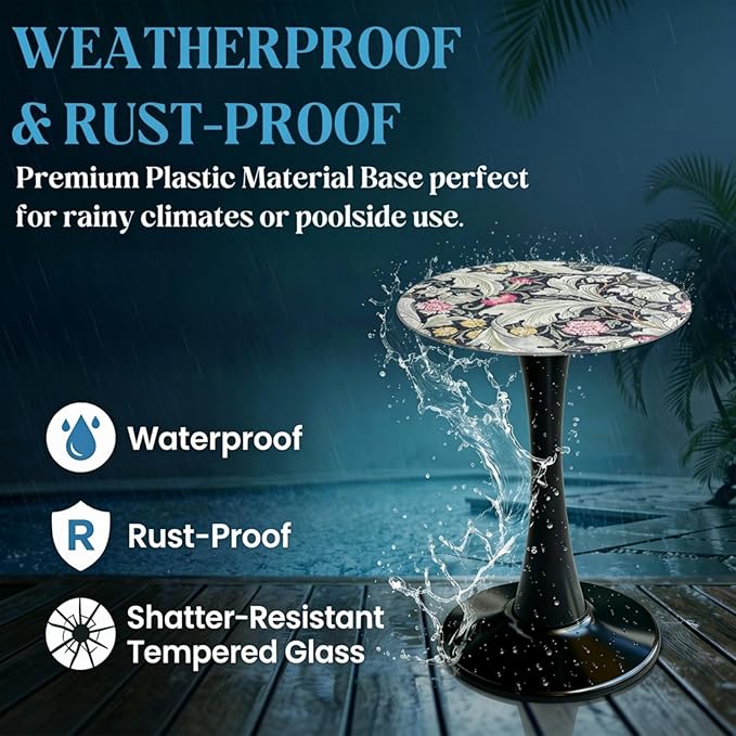 Simmer Stone 13.4" Outdoor Side Table, Round Patio Bistro Table Printed Tempered Glass Top, Waterproof Rust-Proof Base, Small Plant Stand for Balcony, Garden, Deck, 21.6" H (Morris Green)