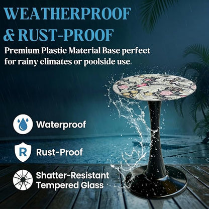 Simmer Stone 13.4" Outdoor Side Table, Round Patio Bistro Table Printed Tempered Glass Top, Waterproof Rust-Proof Base, Small Plant Stand for Balcony, Garden, Deck, 21.6" H (Morris Green)