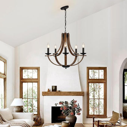 LAMPKEDUO Farmhouse Chandeliers for Dining Room Light Fixture, 5-Light 24 inch Faux Wood Texture Hanging Lighting Fixtures, Rustic Candle Chandeliers for Living Room Kitchen Island Foyer Entryway