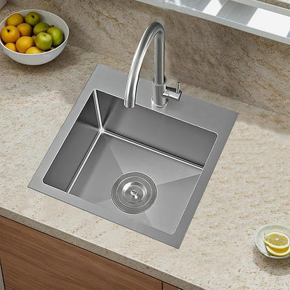 Comllen 18x18 Inch Drop in Bar Sink,Top Mount Handmade 16 Gauge Stainless Steel Small Kitchen Sink,9 Inch Deep Single Bowl Workstation Wet Bar Sink with Stainless Steel Grid & Strainer