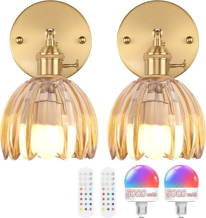 Shenmoyl Vintage Battery Operated Wall Sconce with Amber Tulip Glass Lampshade 5000 mAh Rechargeable Battery Powered Wall Light with Remote Control for Bedside Bedroom Doorway, Set of 2