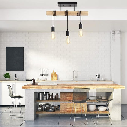 Rustic Vintage Wood Ceiling Light, 3-Light Retro Semi Flush Mount Ceiling Light Fixture, Industrial Farmhouse Ceiling Lamp for Hallway Bedroom Entryway Farmhouse Dining Room Living Room