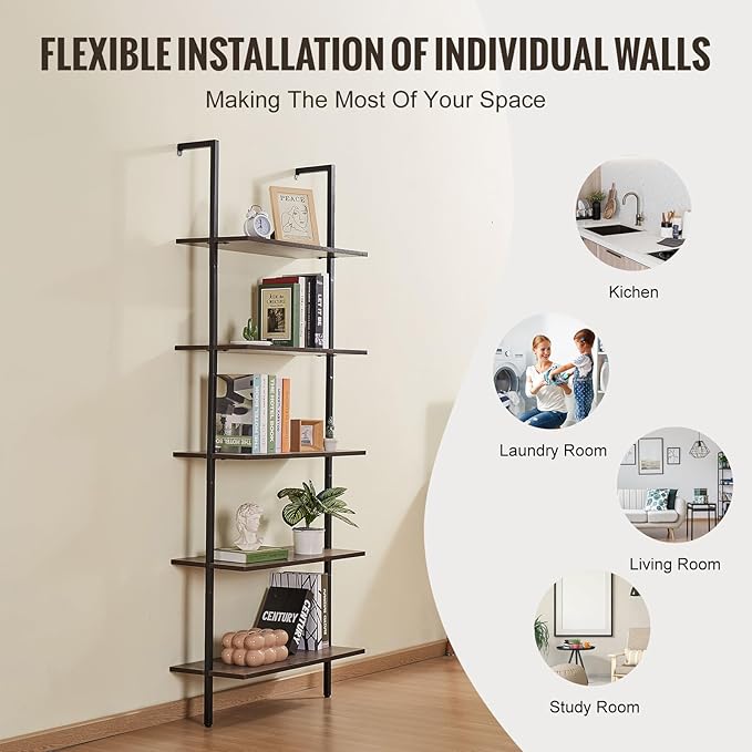 VEVOR Ladder Shelf, 5-Tier Bookshelf 24x11.8in, Open Wall-Mounted Ladder Shelf with Metal Frame,Storage Rack Sundries Holder for Kitchen Bedroom Bathroom Living Room, Black