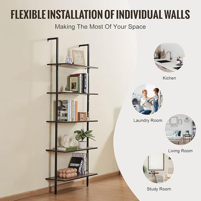 VEVOR Ladder Shelf, 5-Tier Bookshelf 24x11.8in, Open Wall-Mounted Ladder Shelf with Metal Frame,Storage Rack Sundries Holder for Kitchen Bedroom Bathroom Living Room, Black