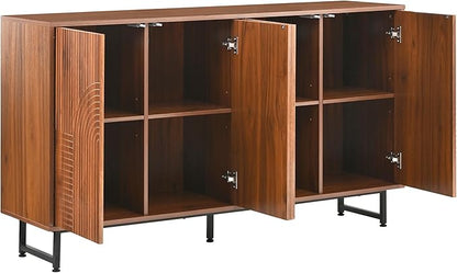 PVWIIK Mid-Century Modern Walnut Sideboard Buffet Cabinet, 59 * 16 * 33 inches Geometric Carved Storage Cabinet with Metal Legs, Multi-Purpose Credenza for Living Room, Dining Room, Entryway