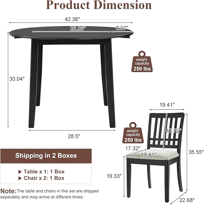 Merax 3-Piece Drop Leaf Round Dining Table Set for 2, Farmhouse Kitchen Table Set with Extendable Round Table and 2 Upholstered Chairs. Wood Table and Chairs Set for Dining Room, Living Room, Black