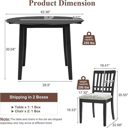 Merax 3-Piece Drop Leaf Round Dining Table Set for 2, Farmhouse Kitchen Table Set with Extendable Round Table and 2 Upholstered Chairs. Wood Table and Chairs Set for Dining Room, Living Room, Black