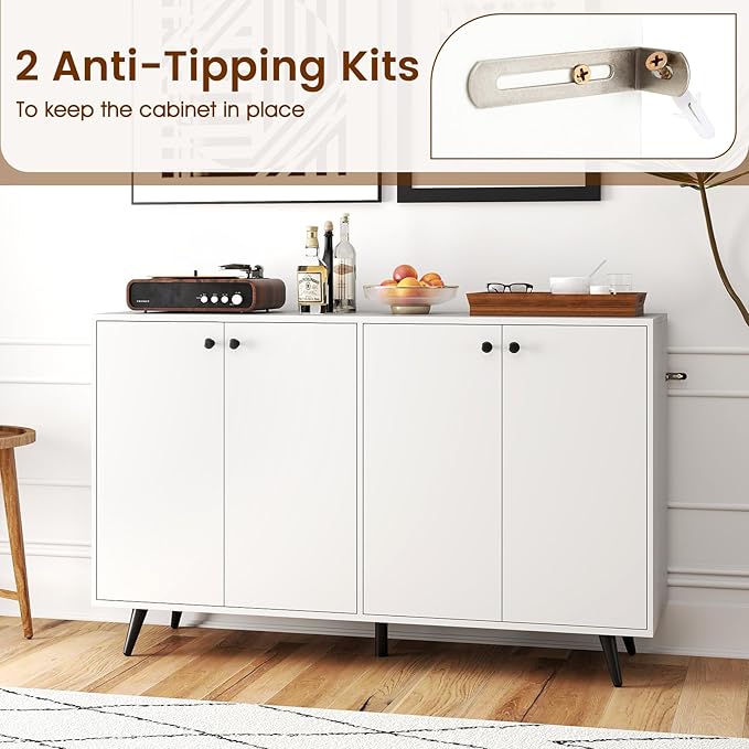 Giantex Sideboard Buffet Cabinet, 50’’ Accent Kitchen Storage Cabinet with 4-Door & 5-Position Adjustable Shelves, Modern White Sideboard with 5 Support Legs, Buffet Table for Coffee Bar, Living Room