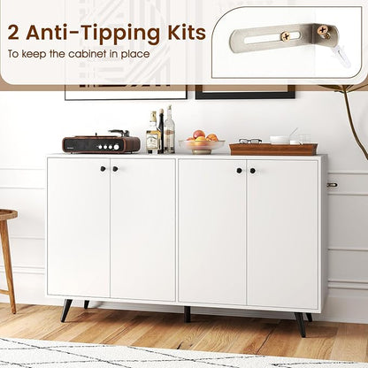 Giantex Sideboard Buffet Cabinet, 50’’ Accent Kitchen Storage Cabinet with 4-Door & 5-Position Adjustable Shelves, Modern White Sideboard with 5 Support Legs, Buffet Table for Coffee Bar, Living Room