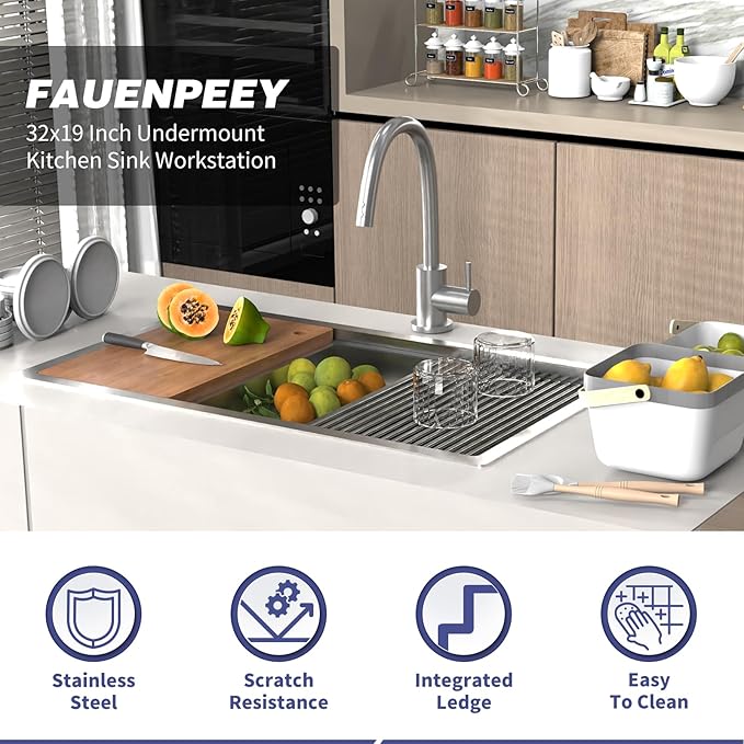 Kitchen Sink Workstation,32"x19" Stainless Steel Undermount Single Bowl Sink Built-in Ledge Drop In Workstation Sink Design For Placing/Sliding Accessories-Cutting Board,Drying Rack,Colander