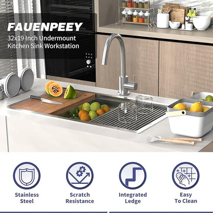 Kitchen Sink Workstation,32"x19" Stainless Steel Undermount Single Bowl Sink Built-in Ledge Drop In Workstation Sink Design For Placing/Sliding Accessories-Cutting Board,Drying Rack,Colander