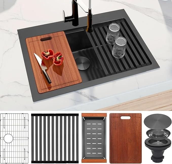 Black Drop In Kitchen Sink 26" X 22",Top Mount 16 Gauge Stainless Steel Workstation Sink,Deep & Large Single Bowl Kitchen Sinks (Black, 26" X 22")