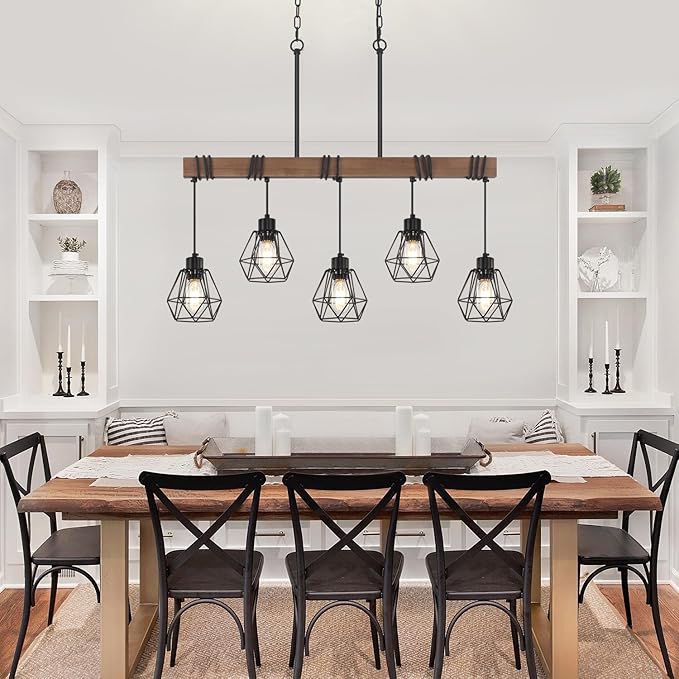 5-Light Kitchen Island Lighting, Farmhouse Chandelier for Dining Room Rustic Wood Ceiling Pendant Light Fixture with Metal Shade, Height Adjustable