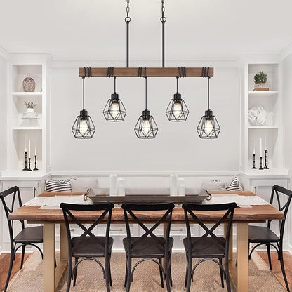 5-Light Kitchen Island Lighting, Farmhouse Chandelier for Dining Room Rustic Wood Ceiling Pendant Light Fixture with Metal Shade, Height Adjustable