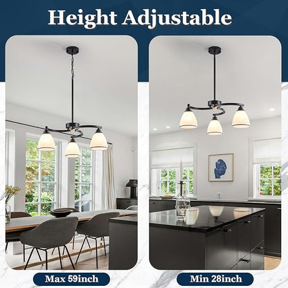 3 Lights Modern Chandelier Light Fixture Matte Black Retractable Round Chandelier Rustic Hanging Lamp Adjustable 59" Max Pendant Ceiling Light for Kitchen Island Dining Room Table Hallway