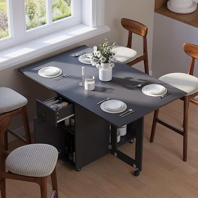 LotFun Folding Dining Table, Space Saving Table with 6 Wheels, Movable Kitchen Dining Table for Small Spaces, Drawer and 2-Tier Storage Racks