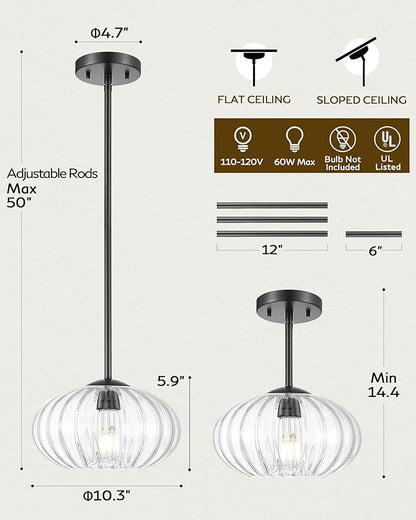 FEMILA 10.3" Pendant Light for Kitchen Island, Black Pendant Lighting, Dome Glass Pendant Light Vintage Light Fixtures for Bedroom Hotel Dining Room, 4FYD85MIL BK