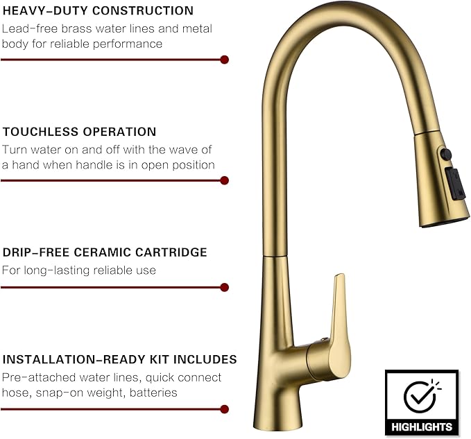 sumerain Touchless Pull Down Kitchen Faucet Brushed Gold Hands-Free Motion Sensor Kitchen Sink Faucet Single Handle
