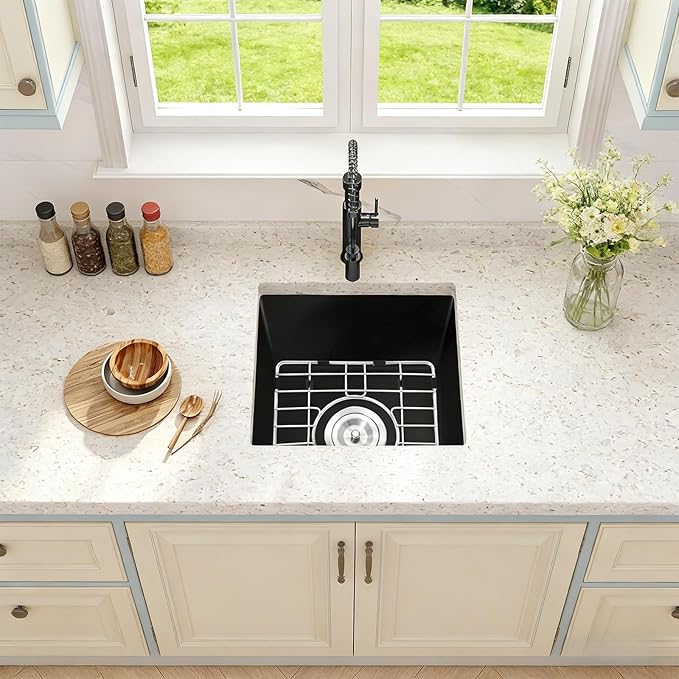 Black Bar Sink 18 x 14, Matte Black Granite Composite Undermount Kitchen Sinks, 18 Inch Quartz Stone Kitchen Sink With Sink Drain Assembly and Sink Bottom Grid
