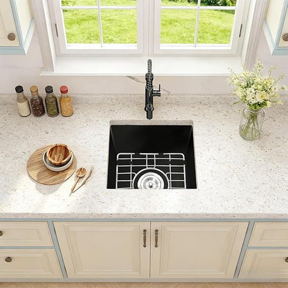 Black Bar Sink 18 x 14, Matte Black Granite Composite Undermount Kitchen Sinks, 18 Inch Quartz Stone Kitchen Sink With Sink Drain Assembly and Sink Bottom Grid