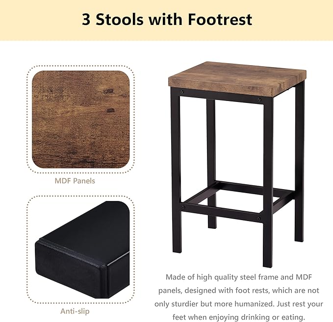 Merax 4-Piece Counter Height Extra Long Dining Table Set with 3 Stools and Side Table with Footrest Pub Kitchen Set (Brown)
