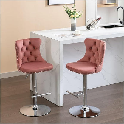 Swivel Velvet Barstools Adjusatble Seat Height from 25-33 Inch, Modern Upholstered Chrome Base Bar Stools with Backs Comfortable Tufted for Home Pub and Kitchen Island（Pink,Set of 2）