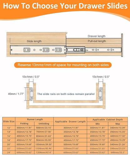 Gobrico 16 inch Drawer Slides 10 Pair，Soft Close Drawer Slides 3 Fold, Cabinet Drawer Slides Full Extension Drawer Hardware, Heavy Duty Hydraulic Self Close Rails, Side Mount Ball Bearing Tracks