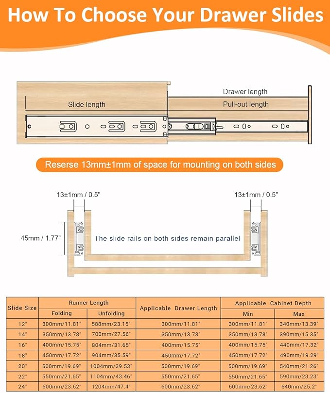 Gobrico Hardware 18 inch Drawer Slides 2 Pair，Soft Close Drawer Slides 3 Fold, Cabinet Drawer Slides Full Extension Drawer Glides, Heavy Duty Hydraulic Self Close Rails, Side Mount Ball Bearing
