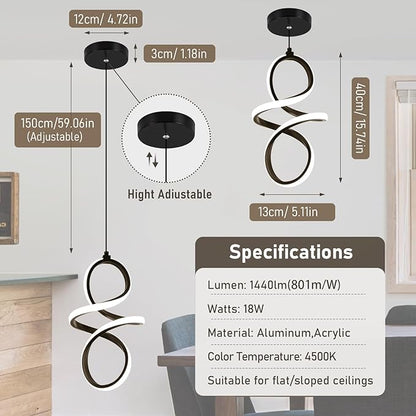 4000K Modern LED Pendant Lights, 24W LED Pendant Lights Kitchen Island Lighting, Black Adjustable Height Hanging Light Fixture for Kitchen Study Corridor Stairs Dining Room, 1 Pack