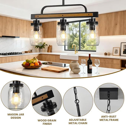 3-Light Farmhouse Dining Room Chandelier, Black Mason Jar Chandelier Lighting Fixture for Kitchen Island, Dining Table, Rustic Linear Cluster Hanging Pendant Light, Faux Wood with Glass Shade