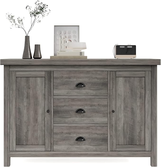 Kitchen Sideboard Cabinet Buffet with Heavy Duty Wooden Structure, 3 Drawers and 2 Doors with Ample Storage Space in Gray
