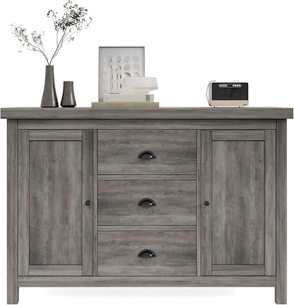 Kitchen Sideboard Cabinet Buffet with Heavy Duty Wooden Structure, 3 Drawers and 2 Doors with Ample Storage Space in Gray