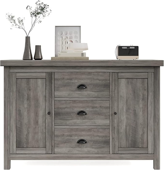 Kitchen Sideboard Cabinet Buffet with Heavy Duty Wooden Structure, 3 Drawers and 2 Doors with Ample Storage Space in Gray