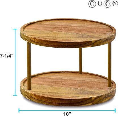 10" Two-Tier Acacia Wood Lazy Susan Organizer Kitchen Turntable for Cabinet Pantry Table Organization