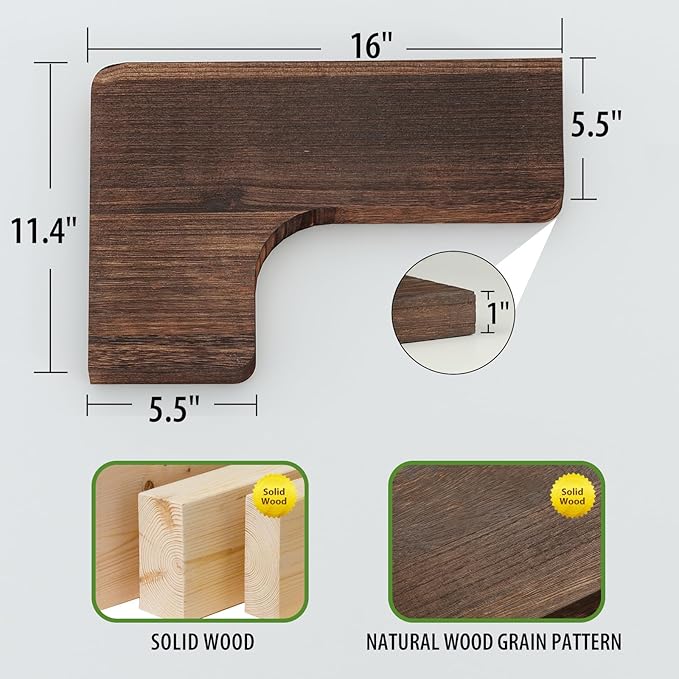 SAUMONIERES Corner Floating Shelves Wall Mount Shelf Solid Wood for Bedroom Bathroom Room Kitchen Storage Set of 3, Rustic Brown, Invisible Brackets
