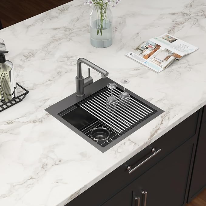 18 Inch Black Drop In Bar Sink Outdoor Kitchen Sink Nano PVD Gunmetal Black Ledge Workstation 16 Gauge Stainless Steel Single Bowl Small Sinks with Pull-out Faucet 18"x18"x9"