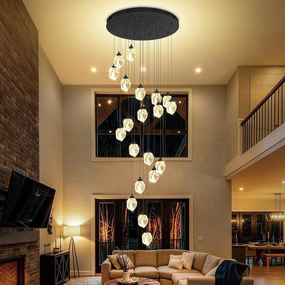 Large High Ceiling Chandeliers Modern Long Spiral Staircase Crystal Chandeliers,K9 Crystal Drop Chandelier for Foyer Entryway 20 Lights Black D28XH135inch