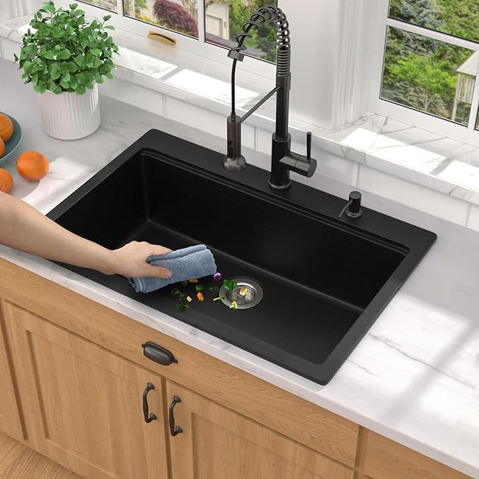 33 Inch Granite Composite Kitchen Sink - 33"x22" Black Drop In Kitchen Sink Ledge Workstation All-In One Matte Black Classic Quartz Topmount Single Bowl Sinks with New-Accessories #TLGT-119