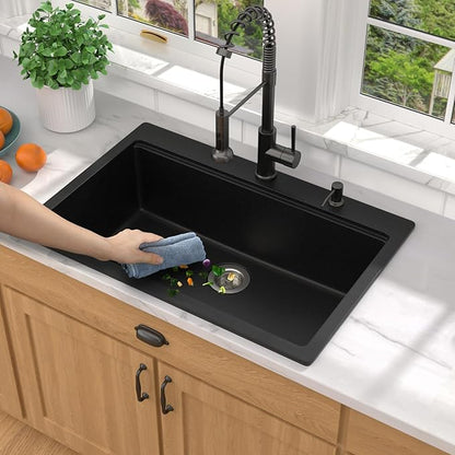 33 Inch Granite Composite Kitchen Sink - 33"x22" Black Drop In Kitchen Sink Ledge Workstation All-In One Matte Black Classic Quartz Topmount Single Bowl Sinks with New-Accessories #TLGT-119