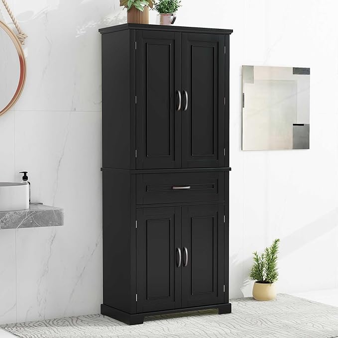Storage Cabinet with 4 Doors and Drawers, 72.2" H Kitchen Cabinet with 6 Door Shelves, Kitchen Storage Cabinets with Adjustable Shelves for Living Room, Black