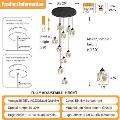 10-Lights Crystal Chandeliers for Living Room 120 inches Black Long Staircase Chandelier Foyer Entrance Crystal Ceiling Chandeliers LED Dimmable 3000-6000K