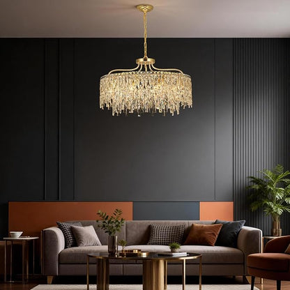 10 Lights Modern Gold Crystal Chandeliers for Dining Room Light Fixture | D28 Round Crystal Chandelier Over Table | Hanging Lighting for Living Room Kitchen Island Bedroom Bathroom