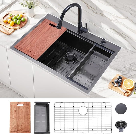 33x22 Inch Black Drop In Kitchen Sink - VAPSINT 33 Inch Top Mount Single Bowl 9 Inch Deep Handmade Workstation Sink in Gunmetal Stainless Steel with Cutting Board & Strainer
