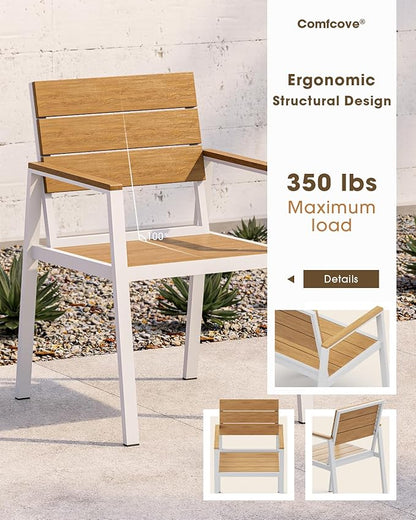 Outdoor Dining Table, Aluminum Patio HDPS Outdooor Table with Umbrella Hole, All Weather Patio Furniture Set, Patio Dining Table (White & Teak)