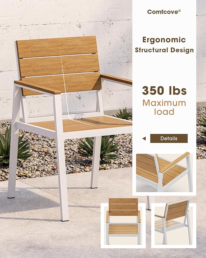 Outdoor Dining Set for 4, Aluminum Patio HDPS Outdooor Table and Chairs Set with Umbrella Hole, All Weather Patio Furniture Set, 5 Peice Patio Dining Table Set (White & Teak)