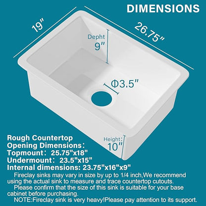 Undermount Kitchen Sink White 27 x 19 Inch,10" High Top Mount Fireclay Sink Drop In Single Bowl, Dual Mount, with Accessory 2 Types, Pure White, for Kitchen & Laundry