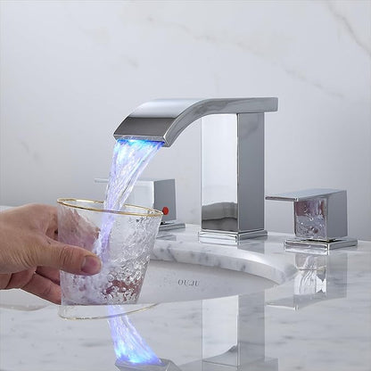 Bathroom faucets 3 Hole Widespread LED Light Bathroom Sink Faucet 8 inch Modern Bathroom Waterfall 3 Hole Vanity Chrome Faucet with Pop Up Drain(Chrome)