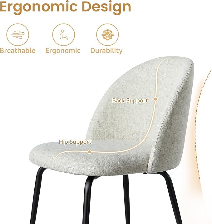 Casaphoria Dining Chairs Set of 2, Modern Gray and Black Upholstered Accent Chairs with Metal Legs, Ergonomic Comfy Vanity Chair for Kitchen, Living Room, and Bedroom